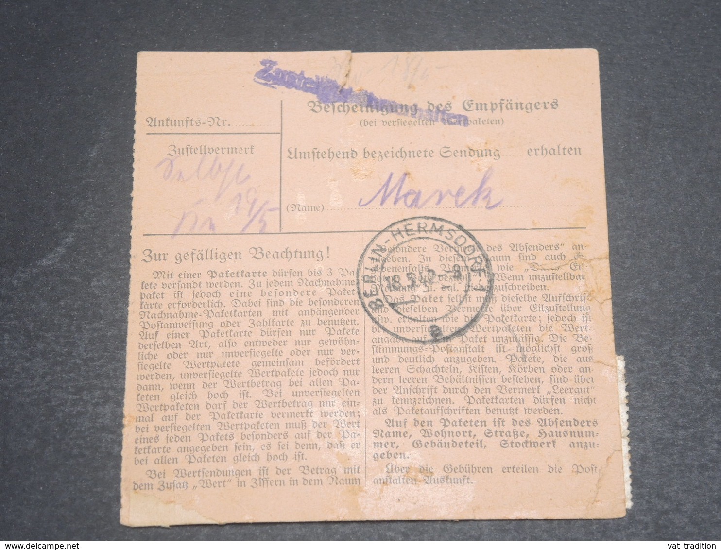 ALLEMAGNE - Formulaire De Colis Postal De Spindelmühle Pour Berlin En 1942 - L 12421 - Briefe U. Dokumente