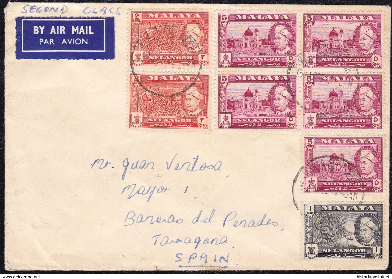 1962. KUALA SELANGOR TO BAÑERAS (TARRAGONA, SPAIN). TRICOLOR AIRMAIL FRANKING. VERY FINE PIECE. - Malasia (1964-...)