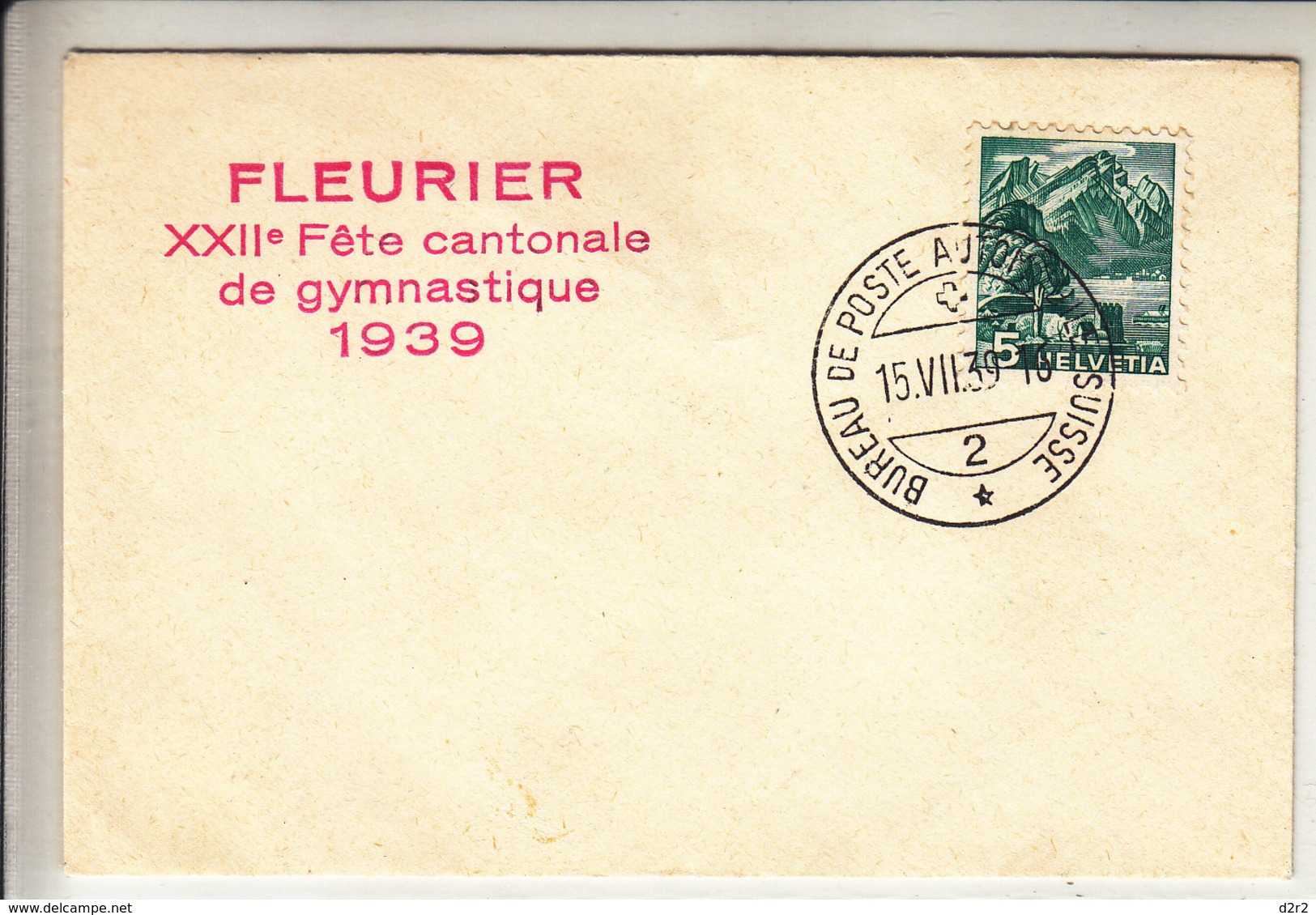 LETTRE AVEC CACHET " A.276 " - FLEURIER XXIIe FETE CANTONALE DE GYMNASTIQUE 1939 - V/IMAGE - Storia Postale