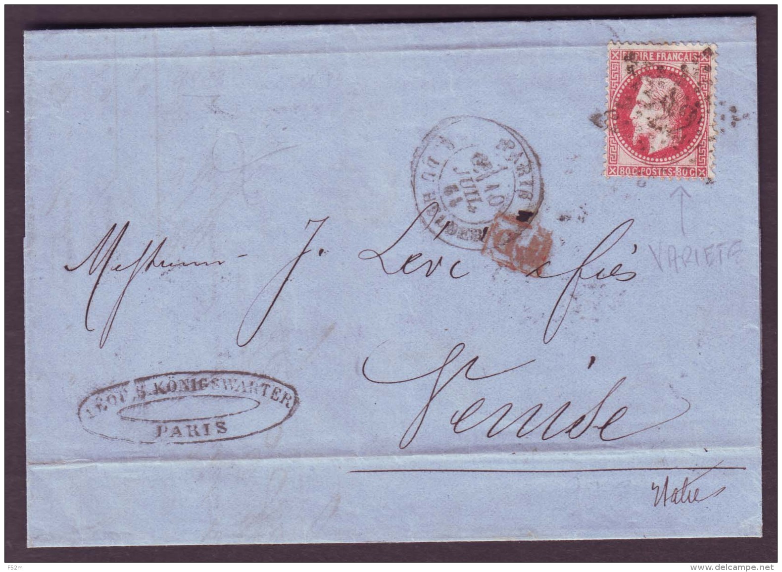 SEINE - LSC - Tàd PARIS (1530) R. DU HELDER + Etoile 22 Sur N° 32 (variété) (2ème éch) -&gt; Venise (Italie) - 1849-1876: Période Classique