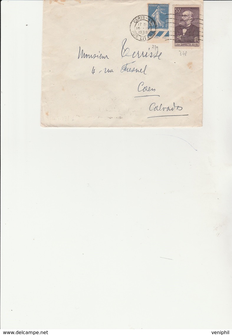 LETTRE AFFRANCHIE N° 279 + N° 378 - CAD PARIS 43 -1938 - 1921-1960: Moderne