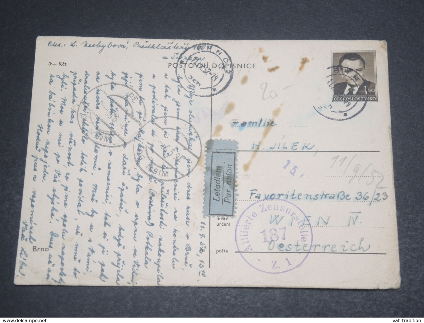 TCHÉCOSLOVAQUIE - Entier Postal De Brno Pour Wien En 1952 Avec Cachet De Censure - L 12433 - Cartes Postales