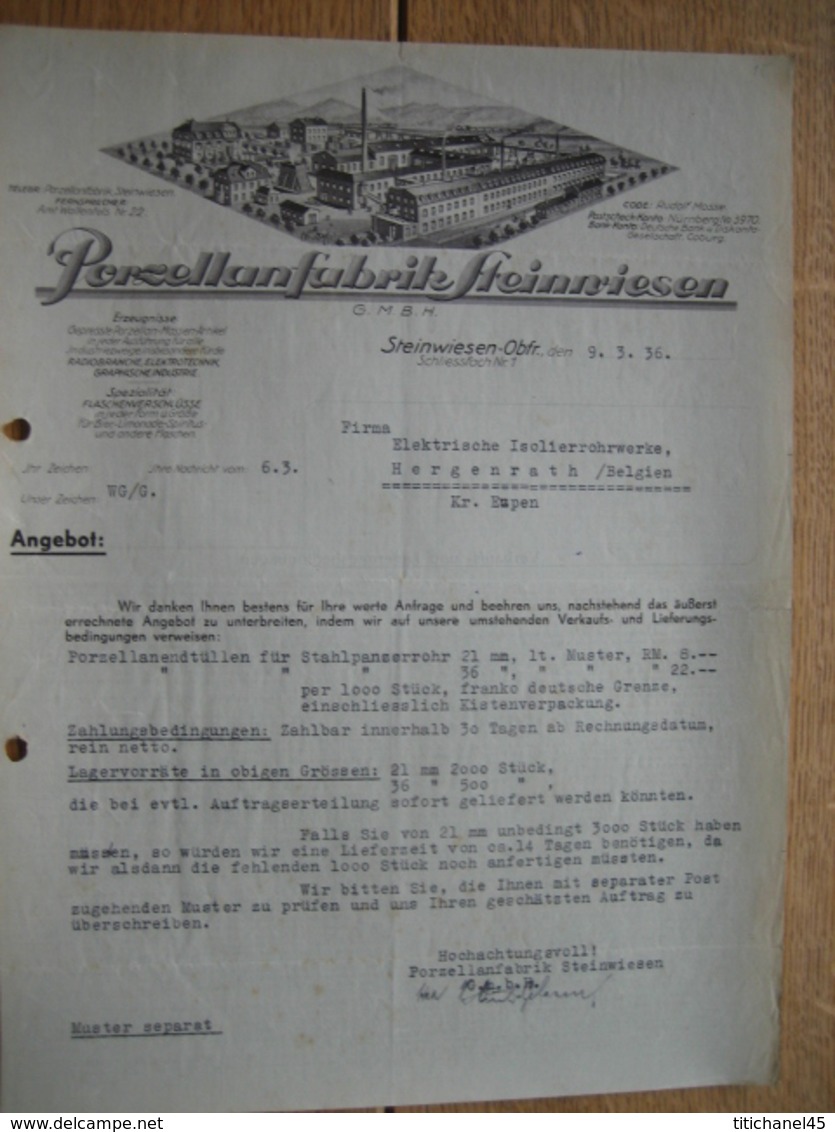 Brief 1936 STEINWIESEN-OBFR. - PORZELLANFABRIK STEINWIESEN - 1900 – 1949