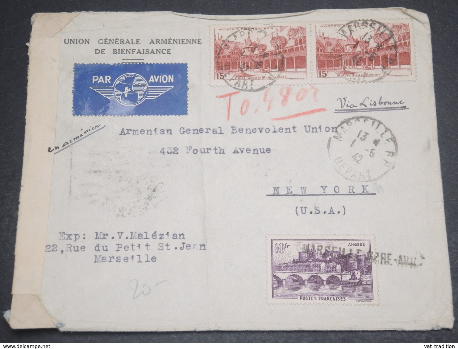 FRANCE - Enveloppe De Marseille Pour Les Etats Unis En 1942 Via Lisbonne Avec Contrôle Postal - L 12438 - 1921-1960: Periodo Moderno