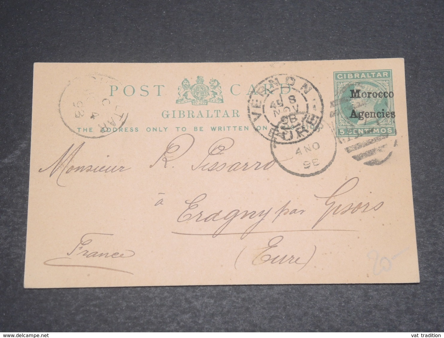 MAROC ANGLAIS - Entier Postal De Gibraltar Surchargé , De Tanger Pour La France En 1898 - L 12447 - Morocco Agencies / Tangier (...-1958)