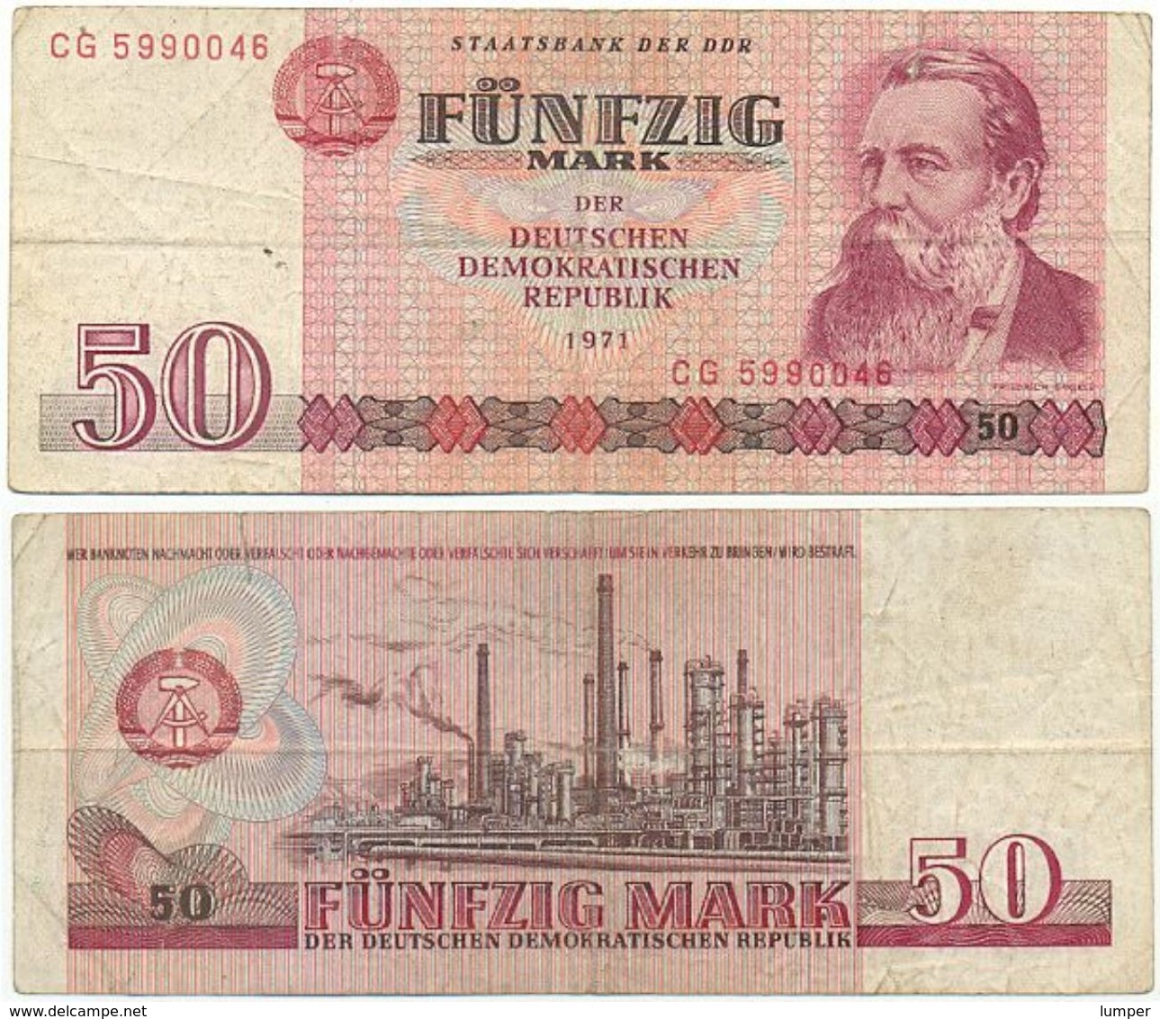 DDR 1971, 50 Mark, Staatsbank DDR, F. Engels, KN 7stellig, Geldschein, Banknote - 50 Mark