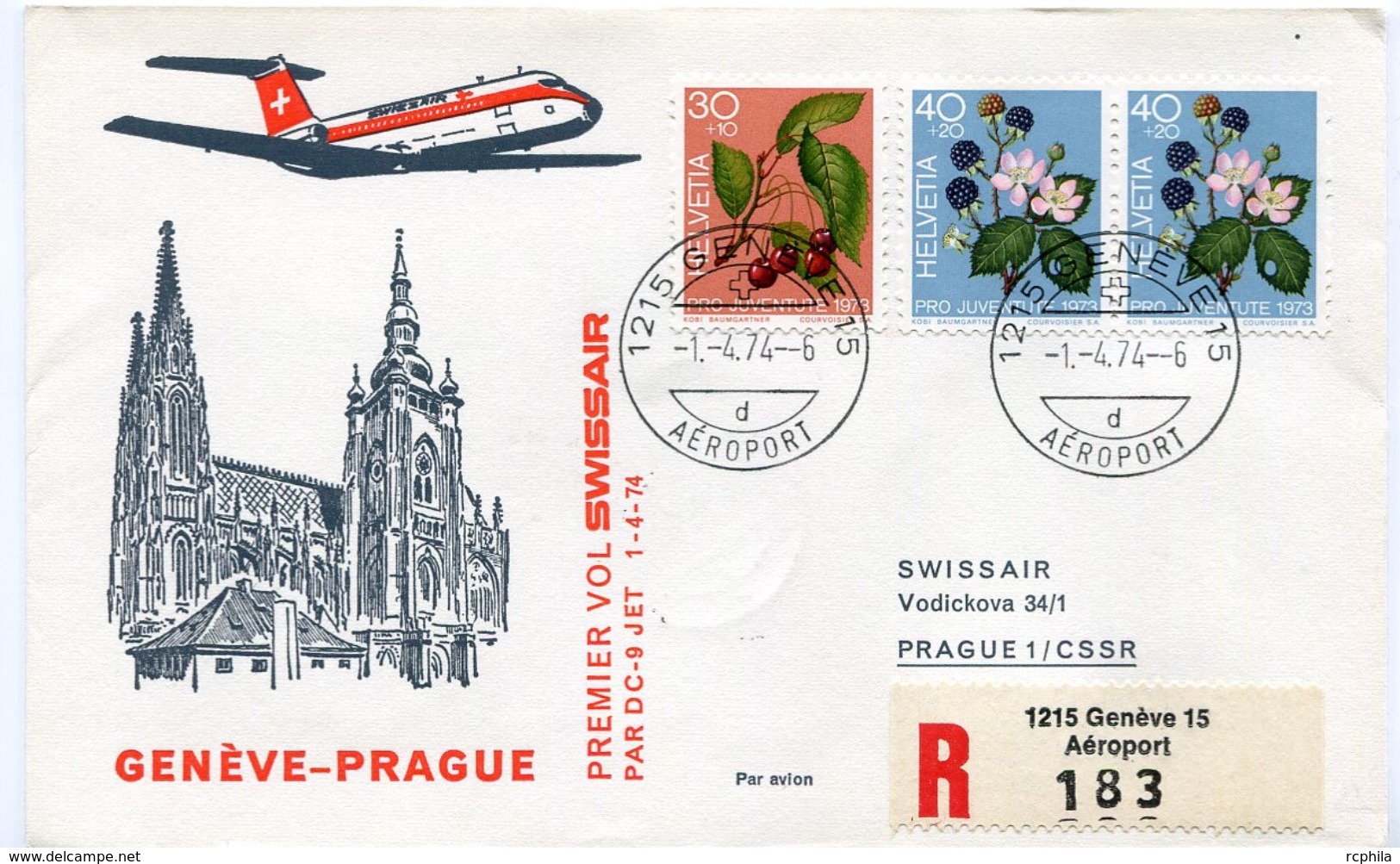 RC 6558 SUISSE SWITZERLAND 1974 1er VOL SWISSAIR GENEVE - PRAGUE TCHECOSLOVAQUIE FFC LETTRE COVER - Premiers Vols