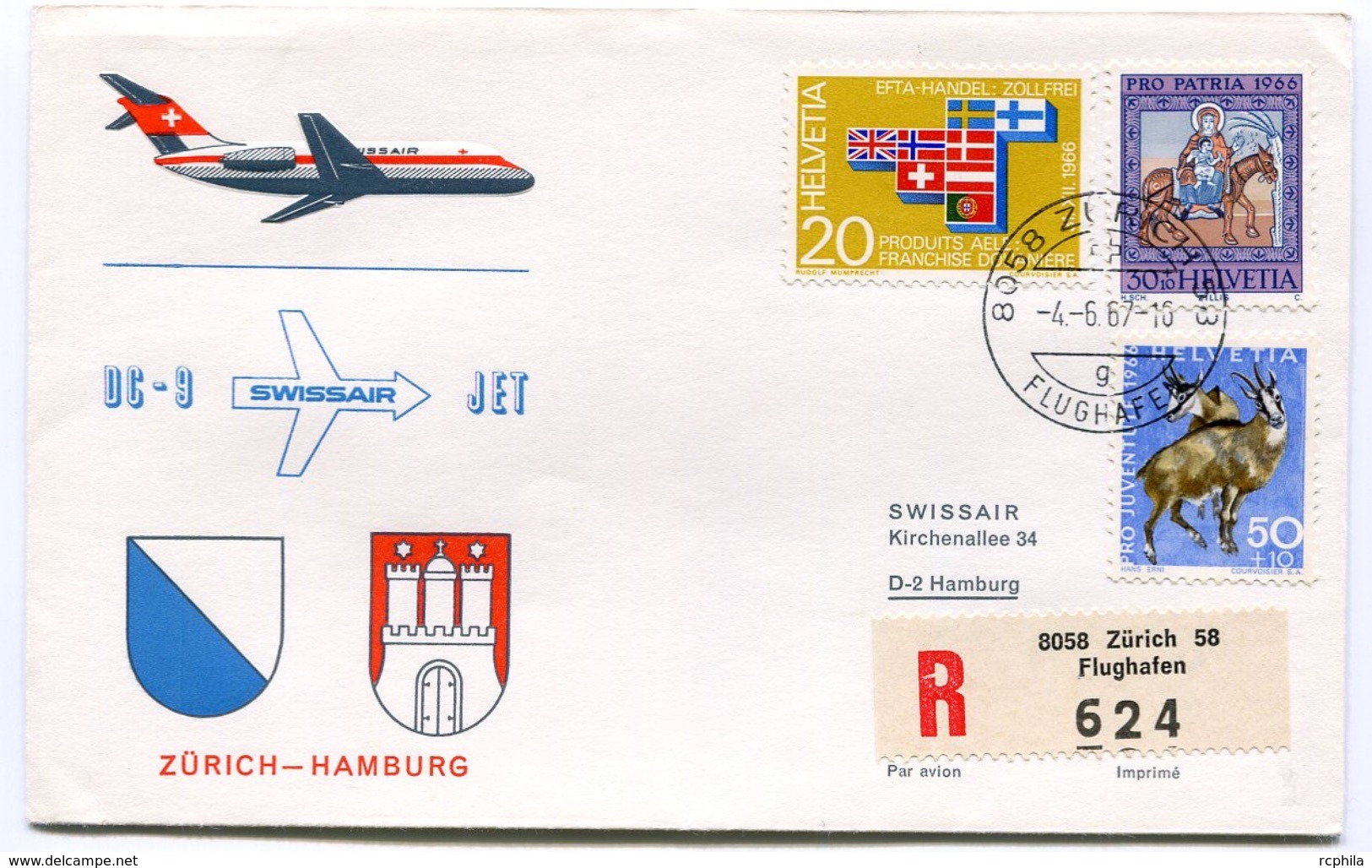 RC 6559 SUISSE SWITZERLAND 1967 1er VOL SWISSAIR ZURICH - HAMBURG ALLEMAGNE FFC LETTRE COVER - Erst- U. Sonderflugbriefe