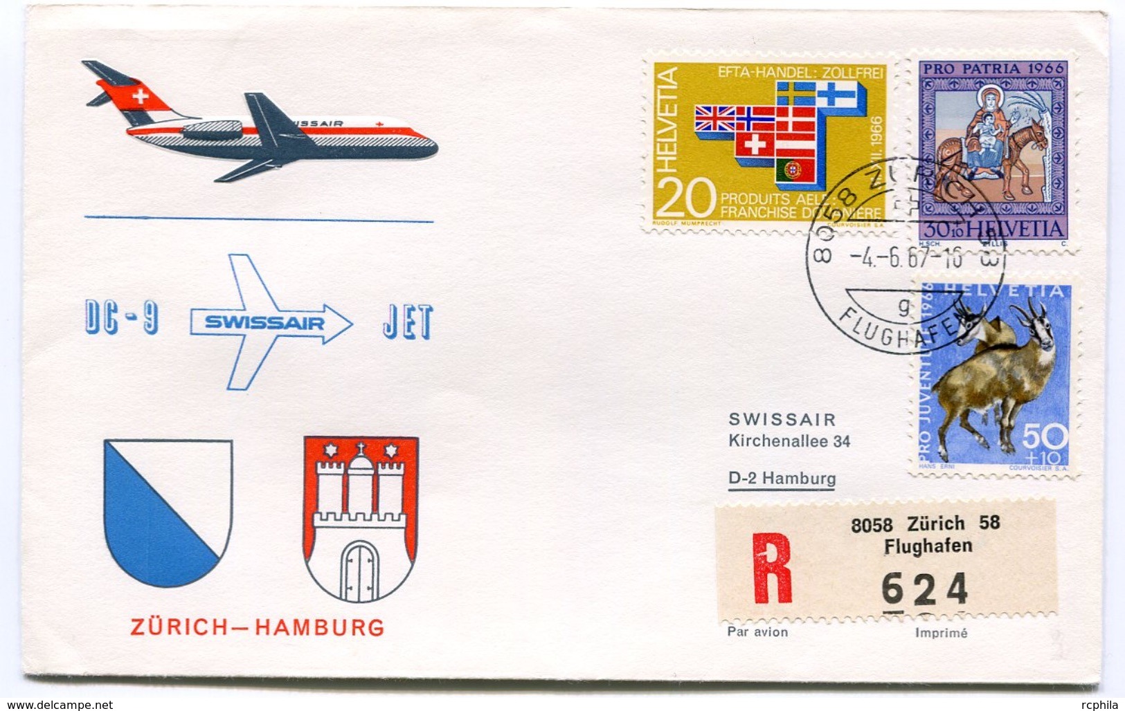 RC 6559 SUISSE SWITZERLAND 1967 1er VOL SWISSAIR ZURICH - HAMBURG ALLEMAGNE FFC LETTRE COVER - First Flight Covers