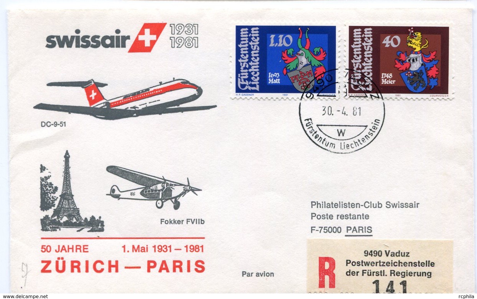 RC 6561 SUISSE SWITZERLAND 1981 1er VOL SWISSAIR ZURICH - PARIS FRANCE LIECHTENSTEIN FFC LETTRE COVER - Primi Voli