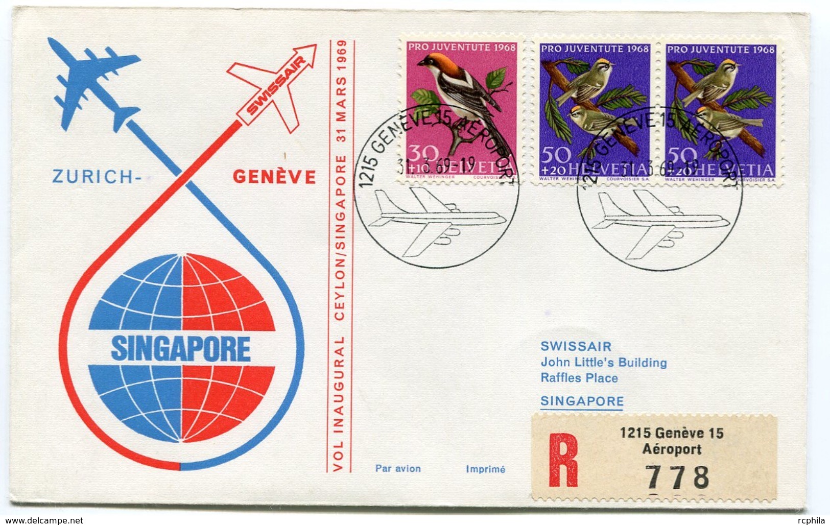 RC 6562 SUISSE SWITZERLAND 1969 1er VOL SWISSAIR GENEVE - SINGAPORE - ZURICH FFC LETTRE COVER - Premiers Vols