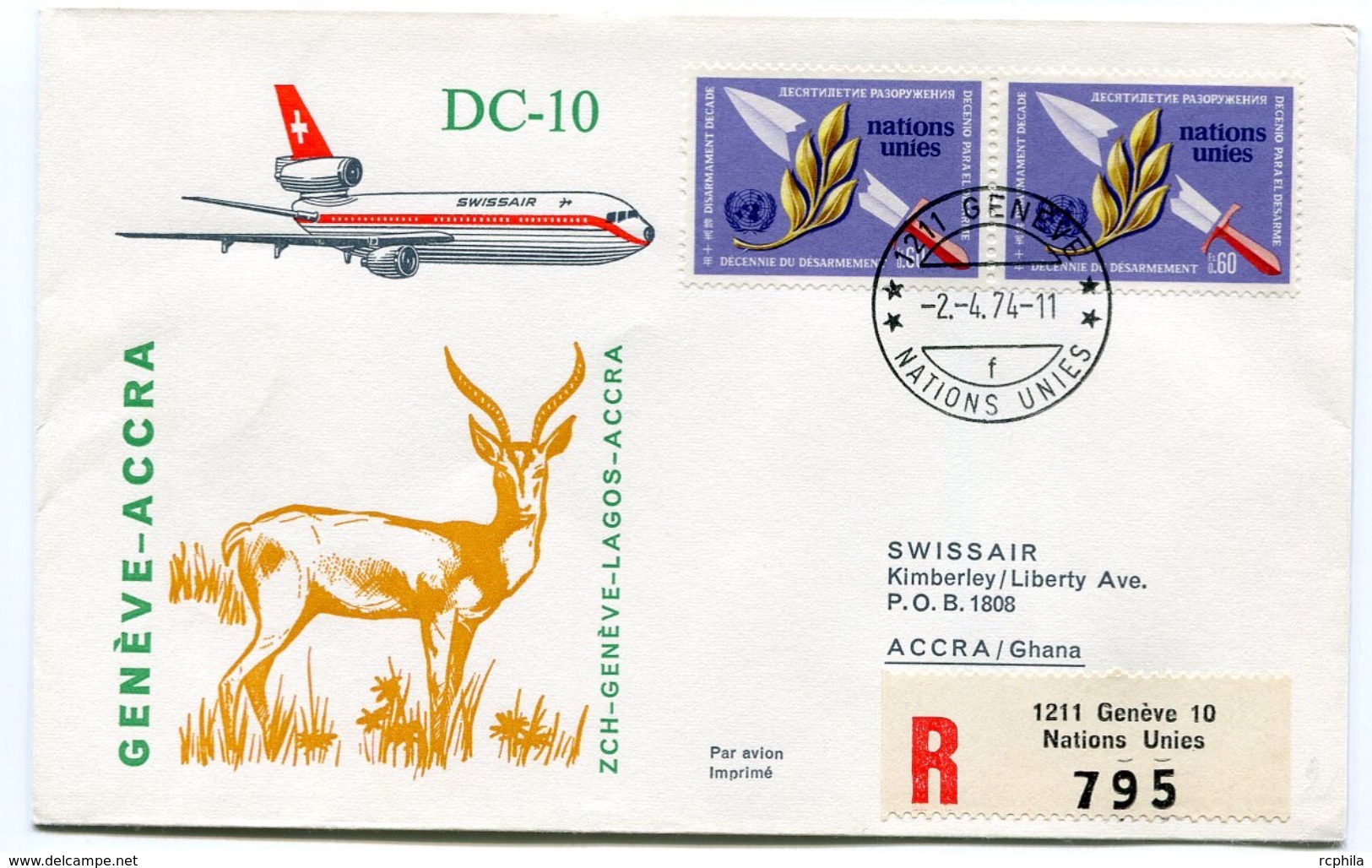 RC 6565 SUISSE SWITZERLAND 1974 1er VOL SWISSAIR ZURICH - ACCRA GHANA FFC LETTRE COVER - Erst- U. Sonderflugbriefe