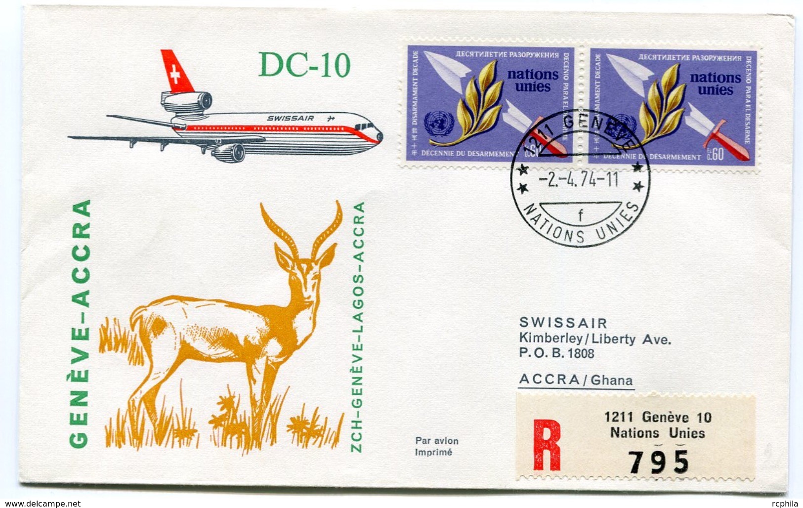 RC 6565 SUISSE SWITZERLAND 1974 1er VOL SWISSAIR ZURICH - ACCRA GHANA FFC LETTRE COVER - Primi Voli