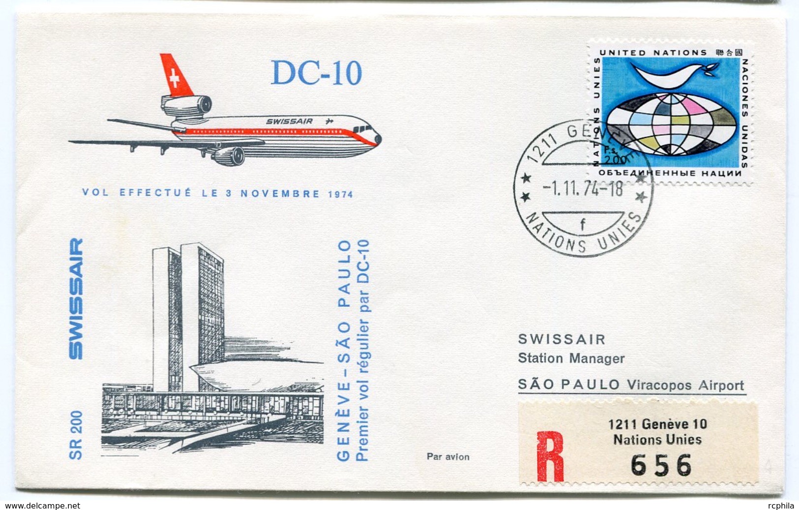 RC 6566 SUISSE SWITZERLAND 1974 1er VOL SWISSAIR GENEVE - SAO PAULO BRESIL FFC LETTRE COVER - Eerste Vluchten
