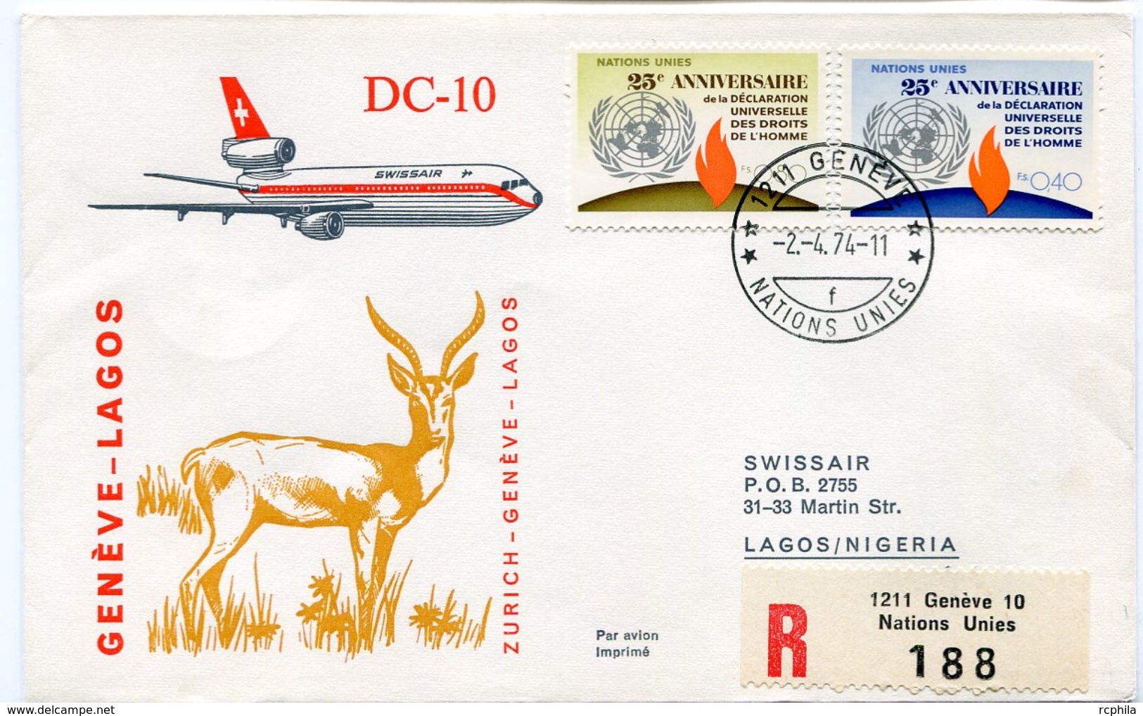 RC 6567 SUISSE SWITZERLAND 1974 1er VOL SWISSAIR ZURICH - LAGOS NIGERIA FFC LETTRE COVER - Eerste Vluchten