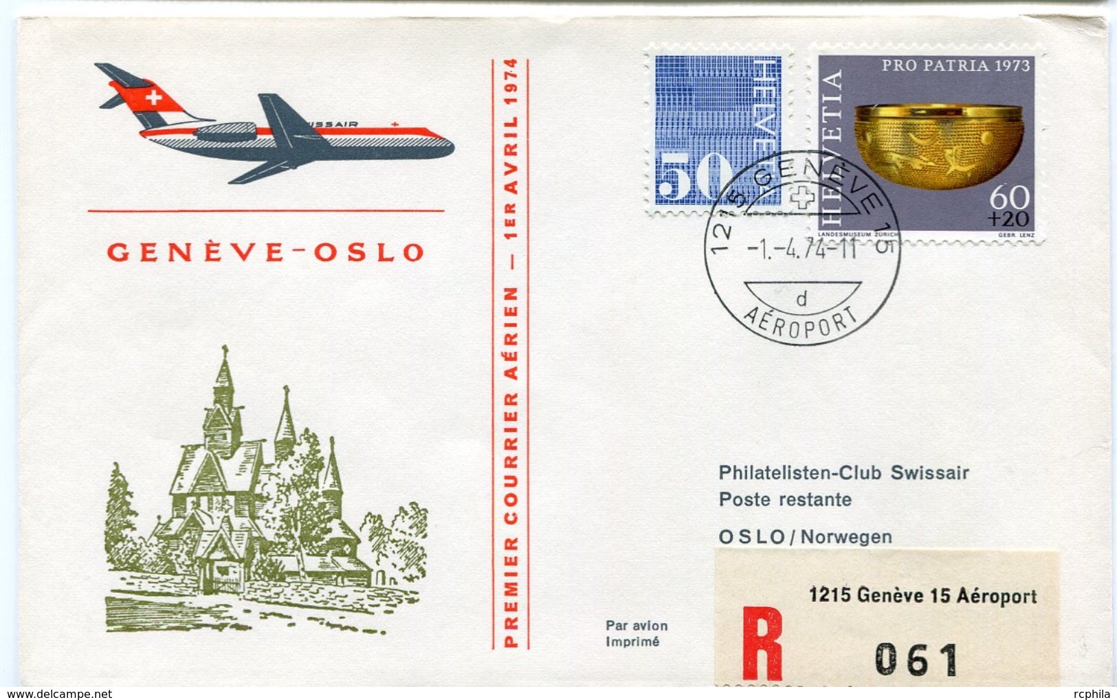 RC 6573 SUISSE SWITZERLAND 1974 1er VOL SWISSAIR GENEVE - OSLO NORVEGE FFC LETTRE COVER - First Flight Covers