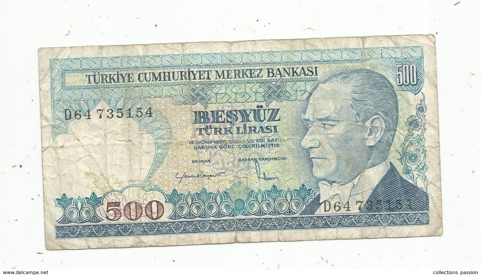 Billet ,Turquie , 500 Turk Lirasi ,1970, 2 Scans - Turquie