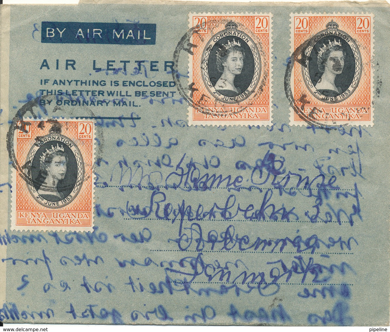 Kenya Uganda Tanganyika Aerogramme Sent To Denmark 1953 - Kenya, Ouganda & Tanganyika