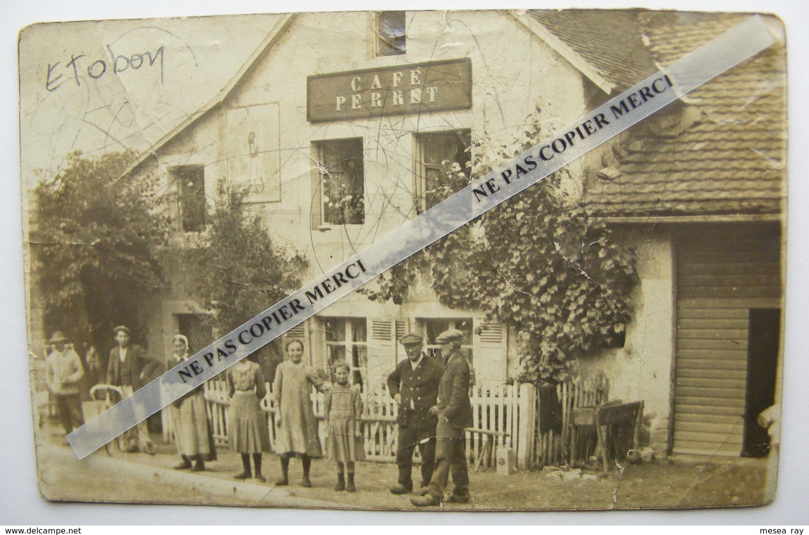 Rare Carte Photo ETOBON Haute Saône 70  Café Perret Animée - Vers Hericourt - Andere & Zonder Classificatie