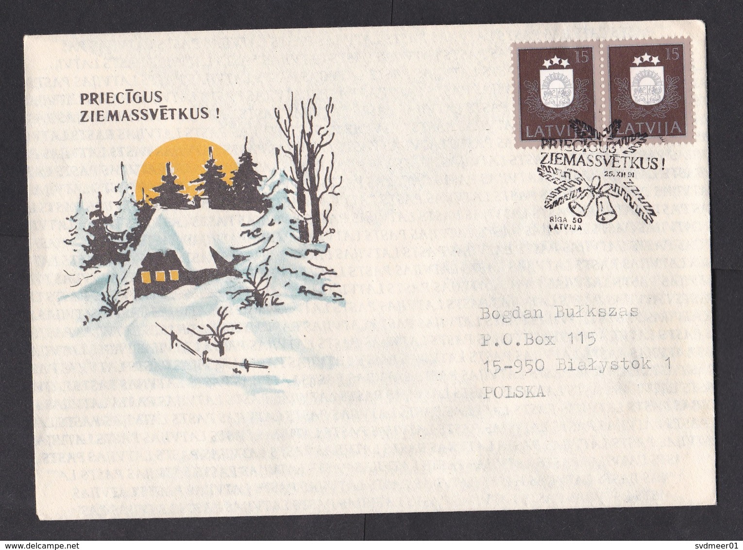 Latvia: Cover To Poland, 1991, 2 Stamps, Special Cancel Merry Christmas, Bells (traces Of Use) - Letland