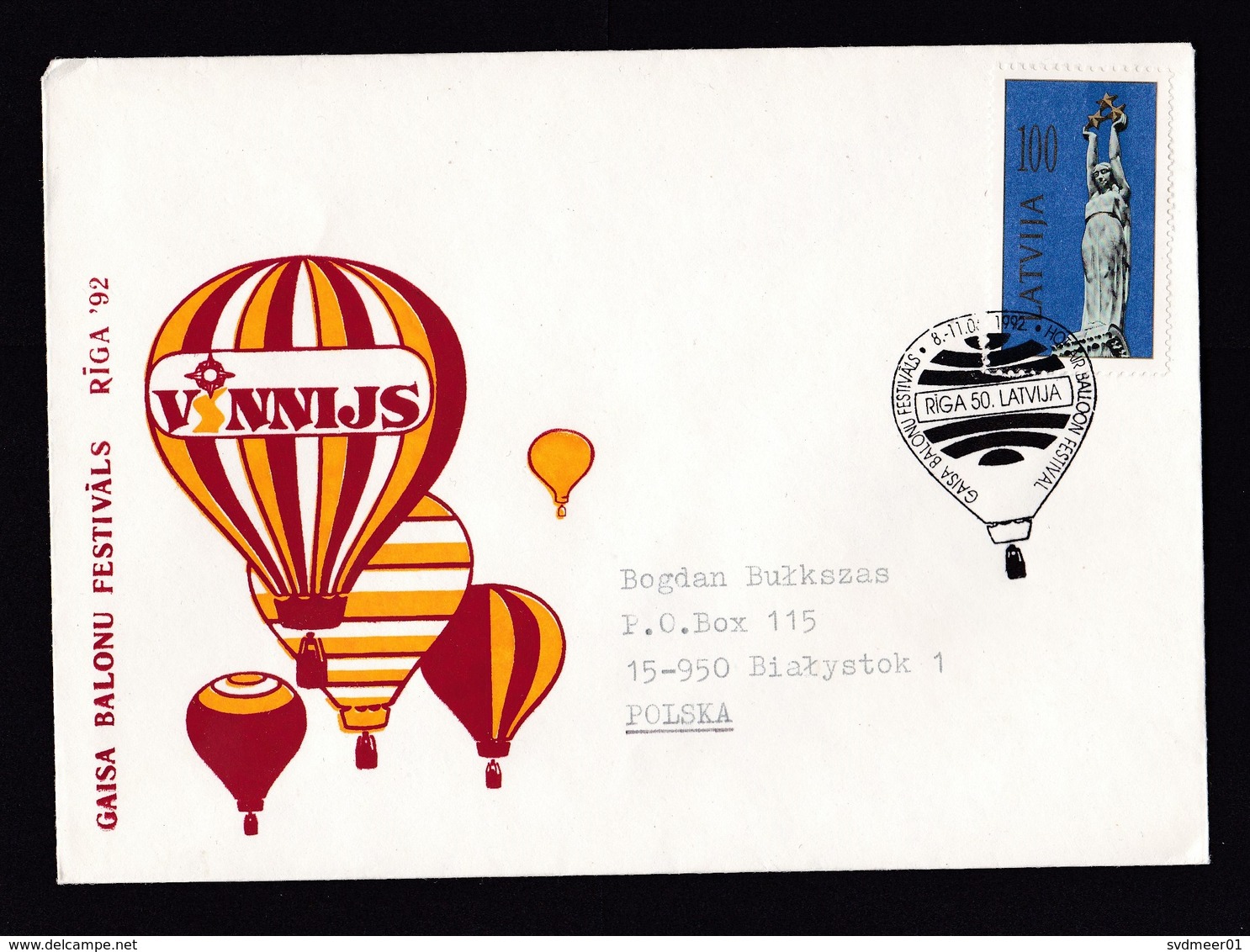 Latvia: Cover To Poland, 1992, 1 Stamp, Statue, Special Cancel Hot Air Balloon Festival (traces Of Use) - Letland