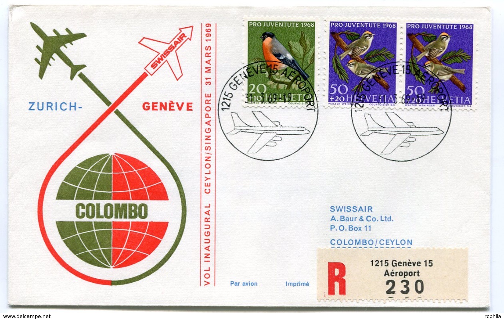 RC 6577 SUISSE SWITZERLAND 1969 1er VOL SWISSAIR GENEVE - ZURICH - COLOMBO CEYLON FFC LETTRE COVER - Eerste Vluchten