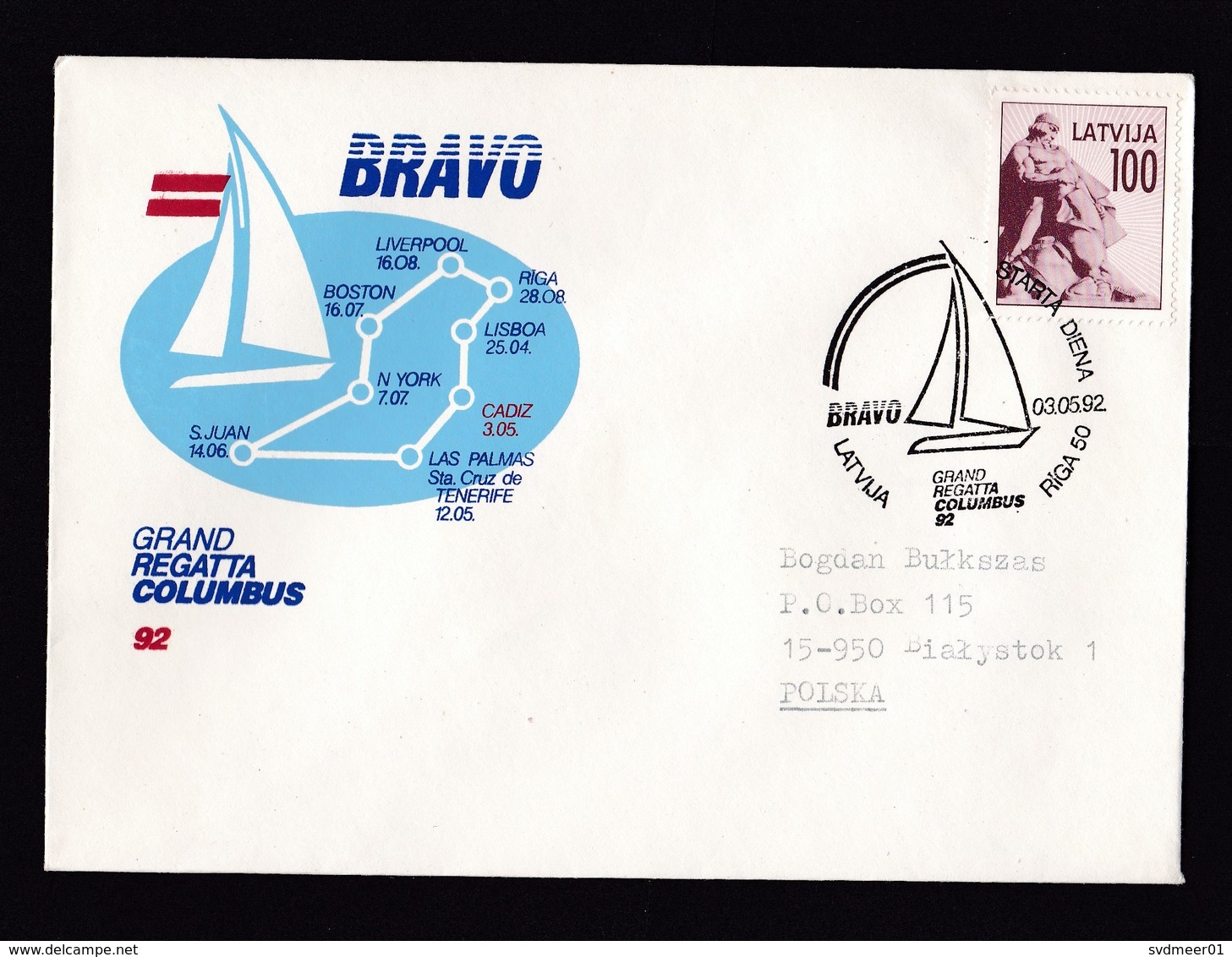 Latvia: Cover To Poland, 1992, 1 Stamp, Statue, Special Cancel Regatta Columbus, Sailing Ship Route Map (traces Of Use) - Letland