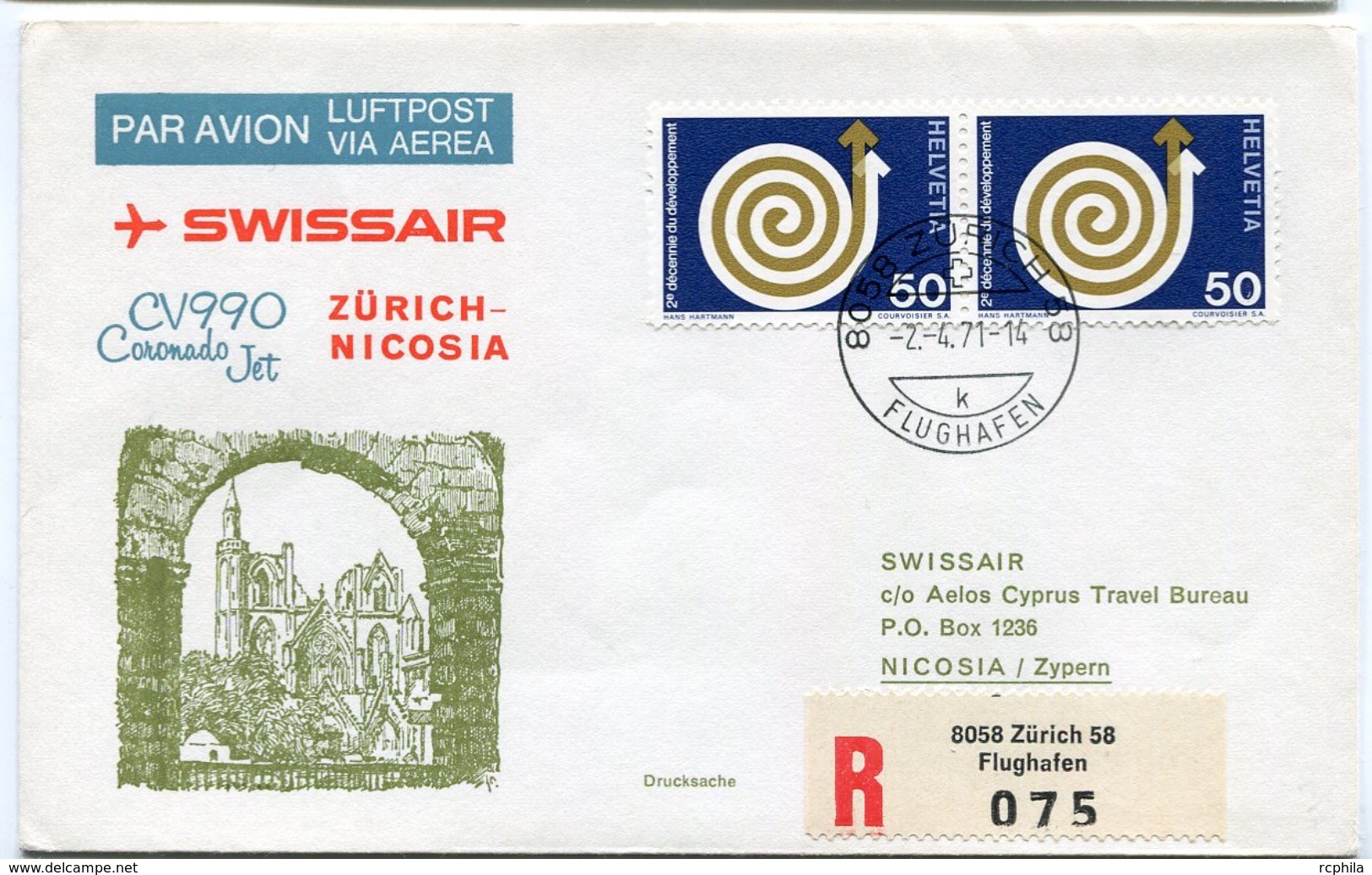 RC 6579 SUISSE SWITZERLAND 1971 1er VOL SWISSAIR ZURICH - NICOSIA CHYPRE FFC LETTRE COVER - Erst- U. Sonderflugbriefe