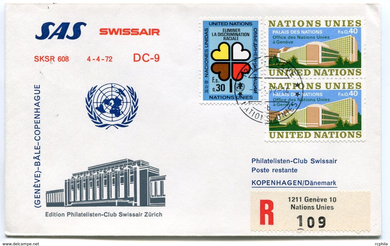 RC 6580 SUISSE SWITZERLAND 1972 1er VOL SWISSAIR GENEVE - BALE - COPENHAGUE DANEMARK FFC LETTRE COVER - Eerste Vluchten