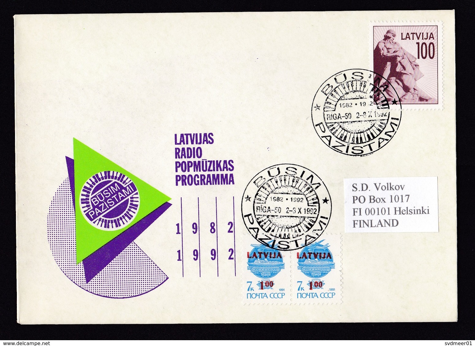 Latvia: Cover To Finland, 1992, 3 Stamps, Statue, Overprint USSR, Cancel Radio Programme Pop Music (traces Of Use) - Letland