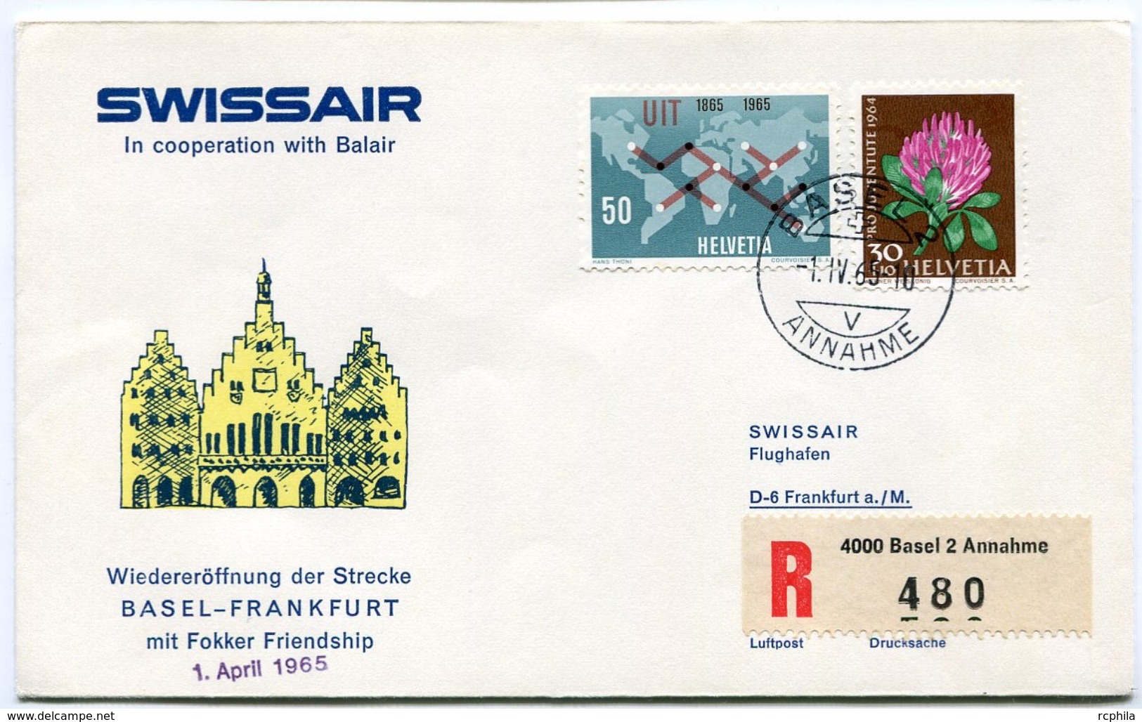 RC 6585 SUISSE SWITZERLAND 1965 1er VOL SWISSAIR BALE - FRANKFURT ALLEMAGNE FFC LETTRE COVER - First Flight Covers