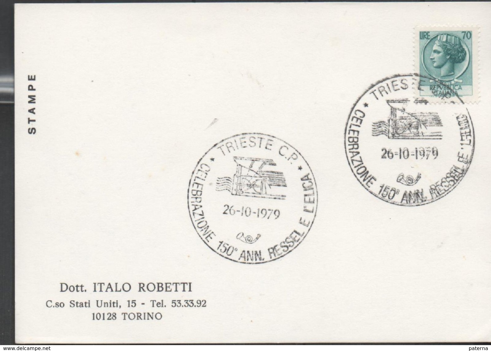 3229  Tarjeta Italia Trieste C.P  150 Aniversario Ressel E L'elica - 1971-80: Marcophilie