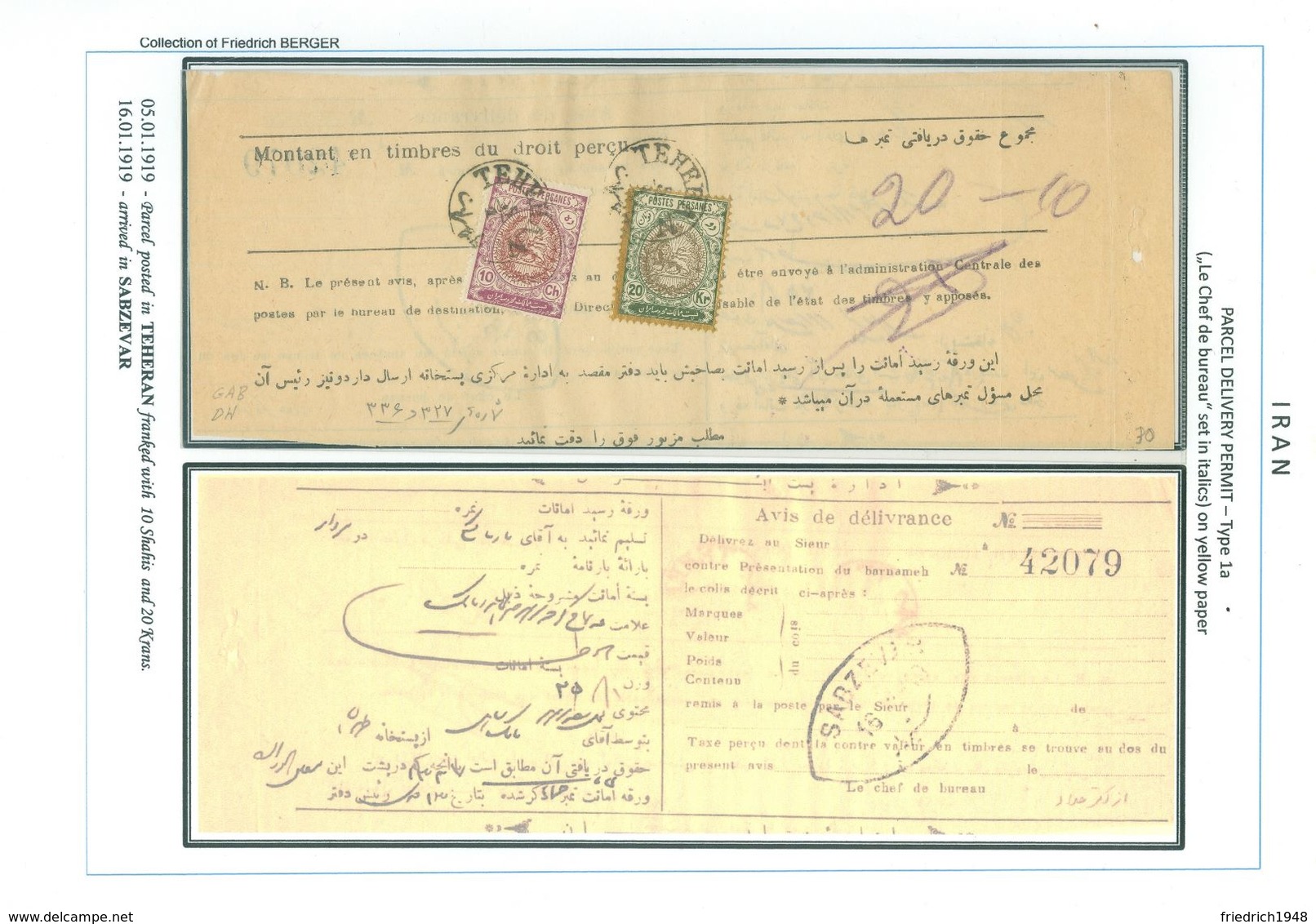 PERSIA - IRAN 1919; Parcel Delivery Permit, Franked With 10Ch And 20 KRANS (!!!!!!) TEHERAN To SABZEVAR - Iran