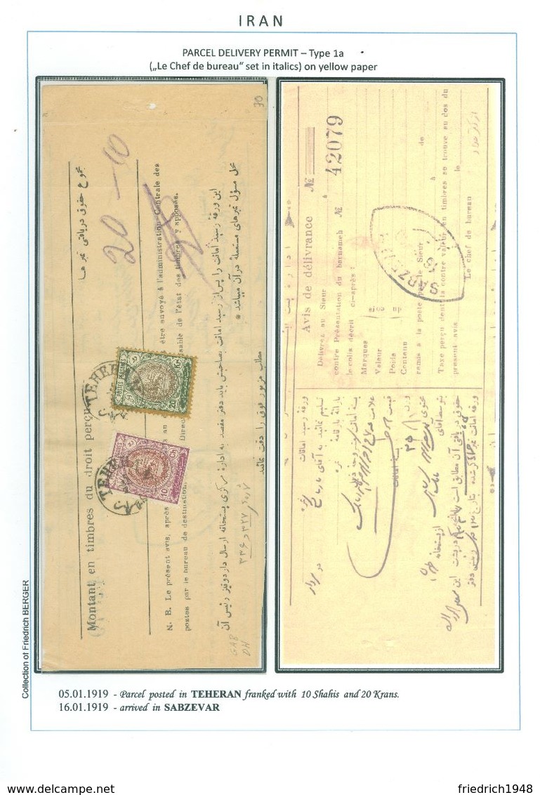 PERSIA - IRAN 1919; Parcel Delivery Permit, Franked With 10Ch And 20 KRANS (!!!!!!) TEHERAN To SABZEVAR - Iran