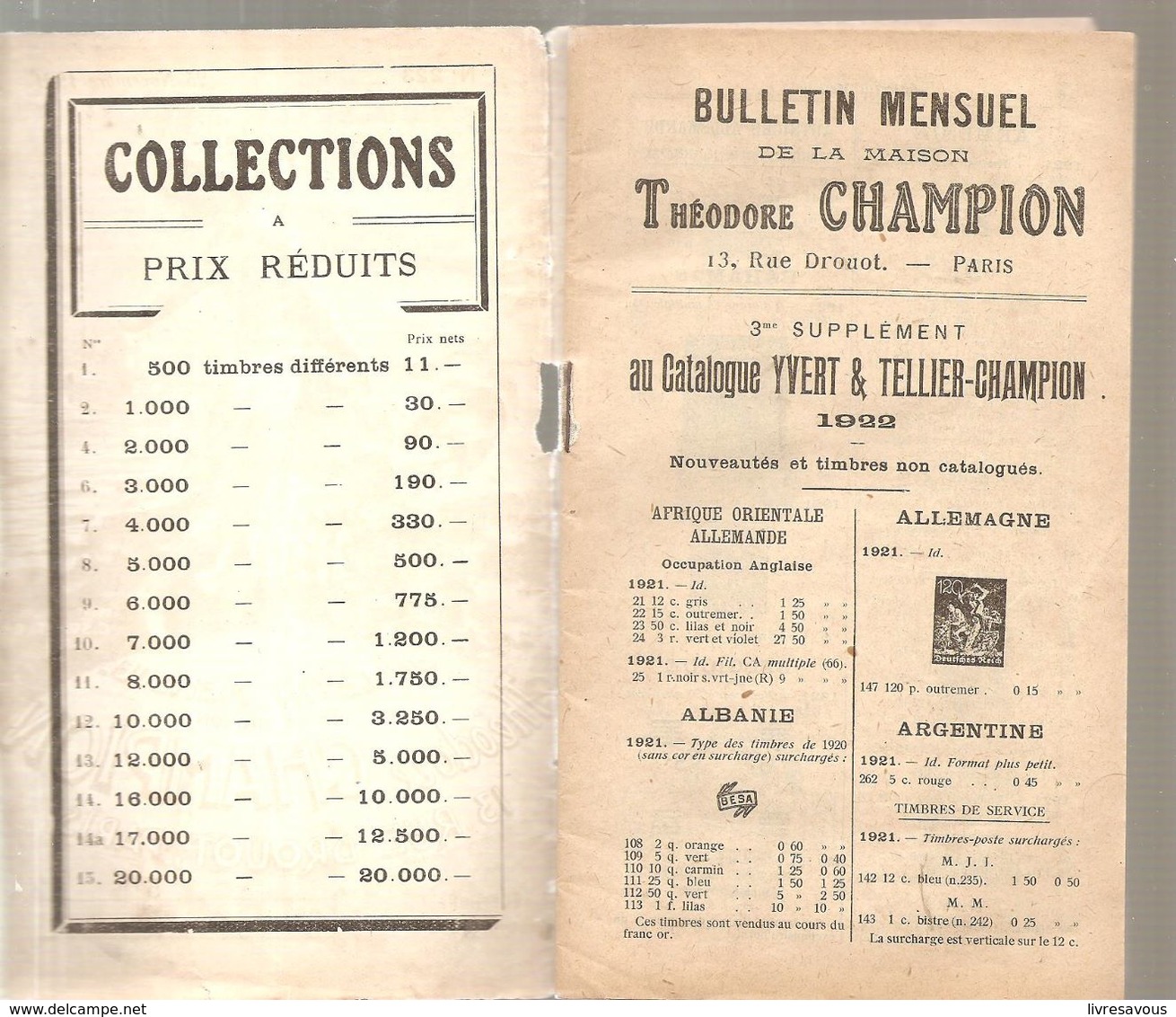 Bulletin Mensuel N°223 Du 25/11/1921 De La Maison Théodore Champion 13; Rue Drouot à Paris - Cataloghi Di Case D'aste