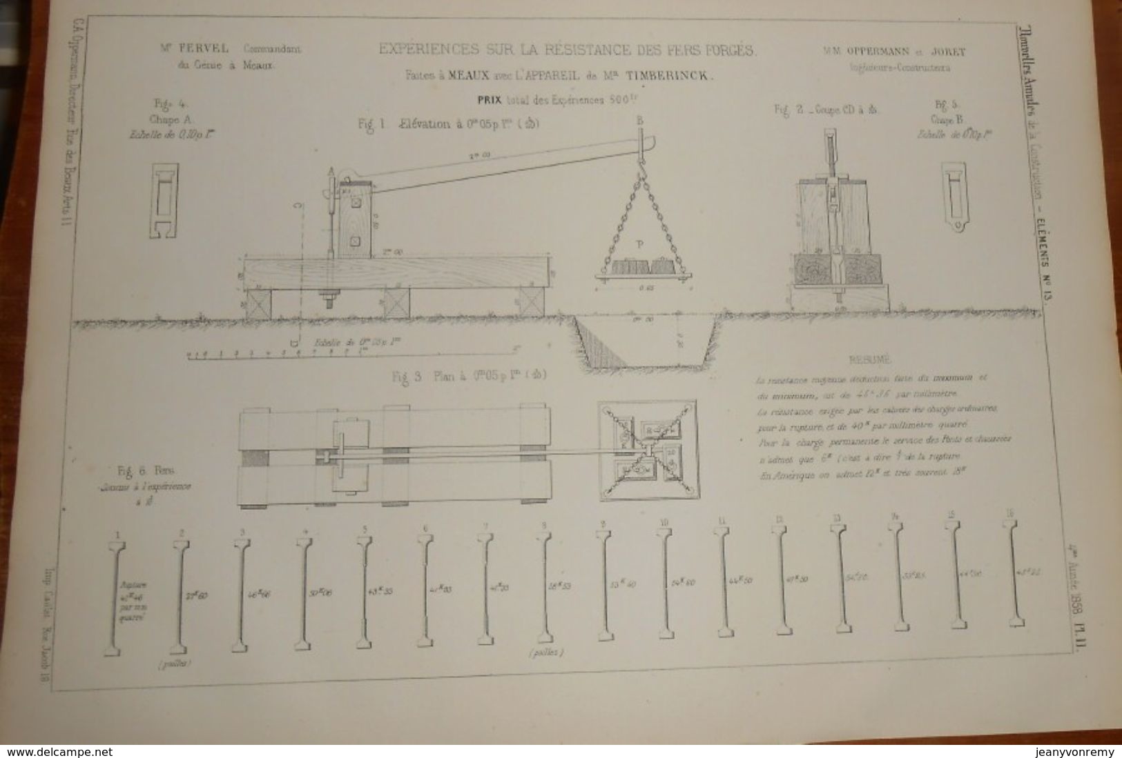 Plan D'expériences Sur La Résistance Des Fers Forgés Faites à Meaux Avec L'appareil De M.Timberinck. 1858 - Public Works