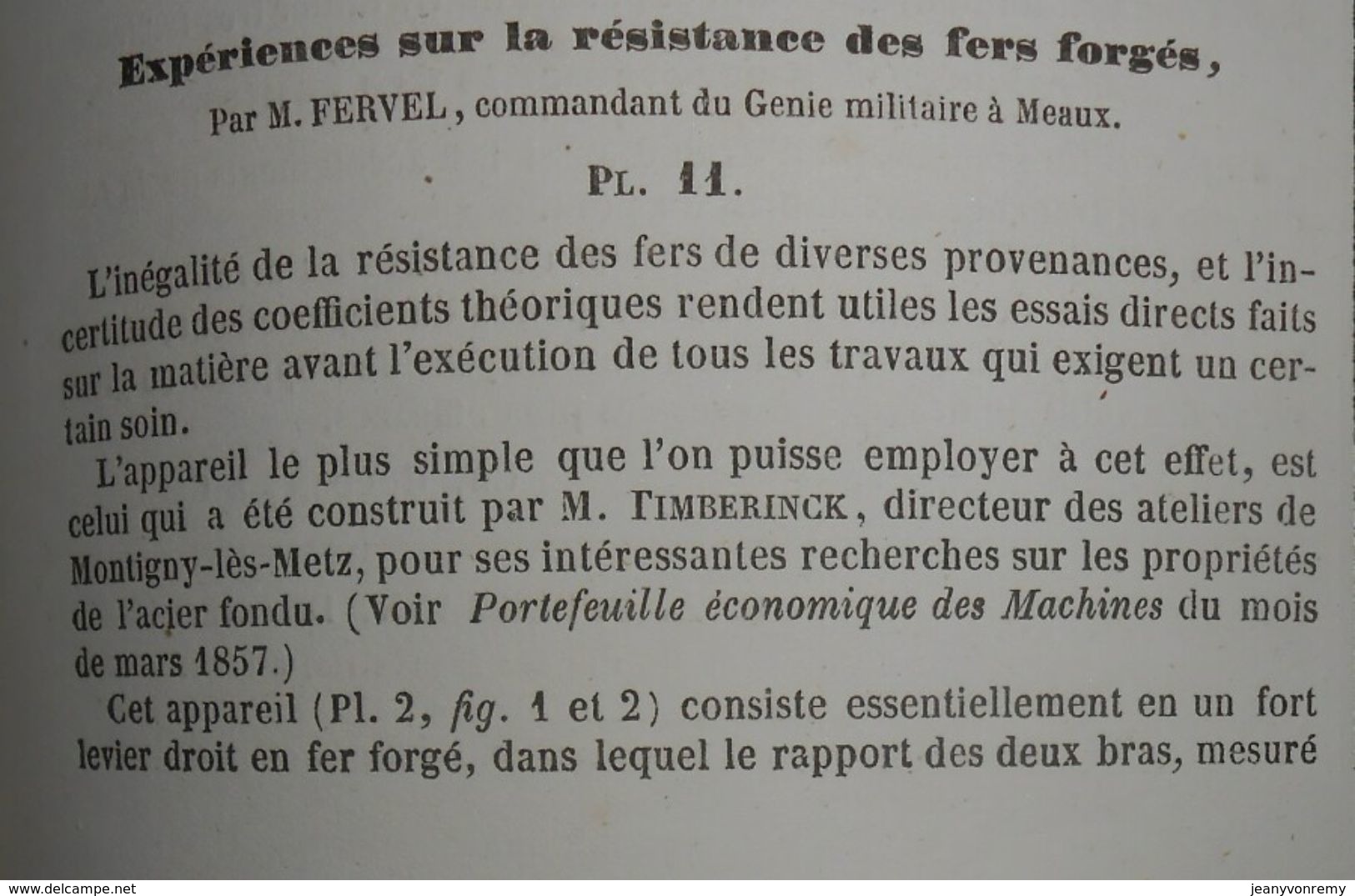 Plan D'expériences Sur La Résistance Des Fers Forgés Faites à Meaux Avec L'appareil De M.Timberinck. 1858 - Obras Públicas