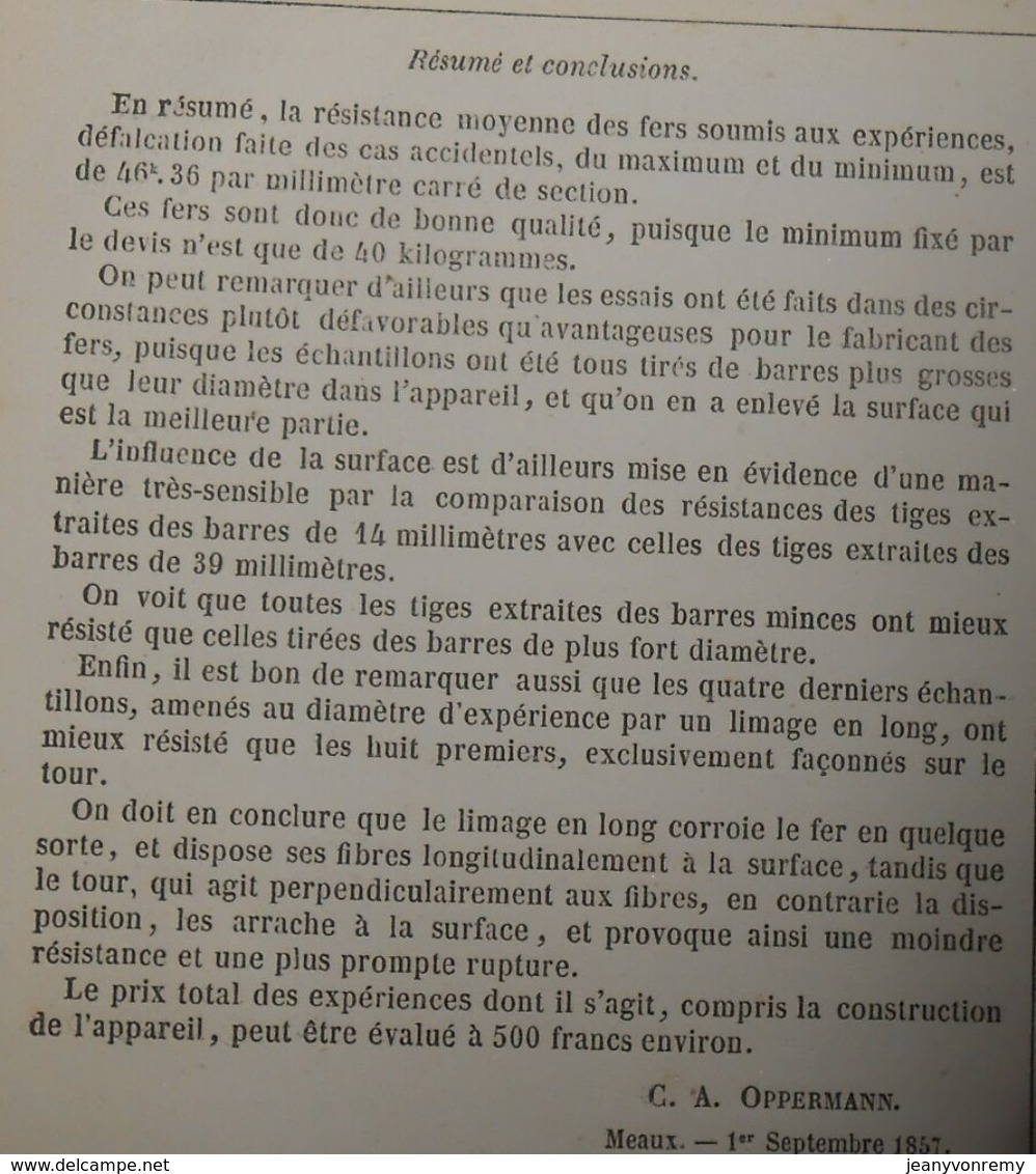 Plan D'expériences Sur La Résistance Des Fers Forgés Faites à Meaux Avec L'appareil De M.Timberinck. 1858 - Obras Públicas