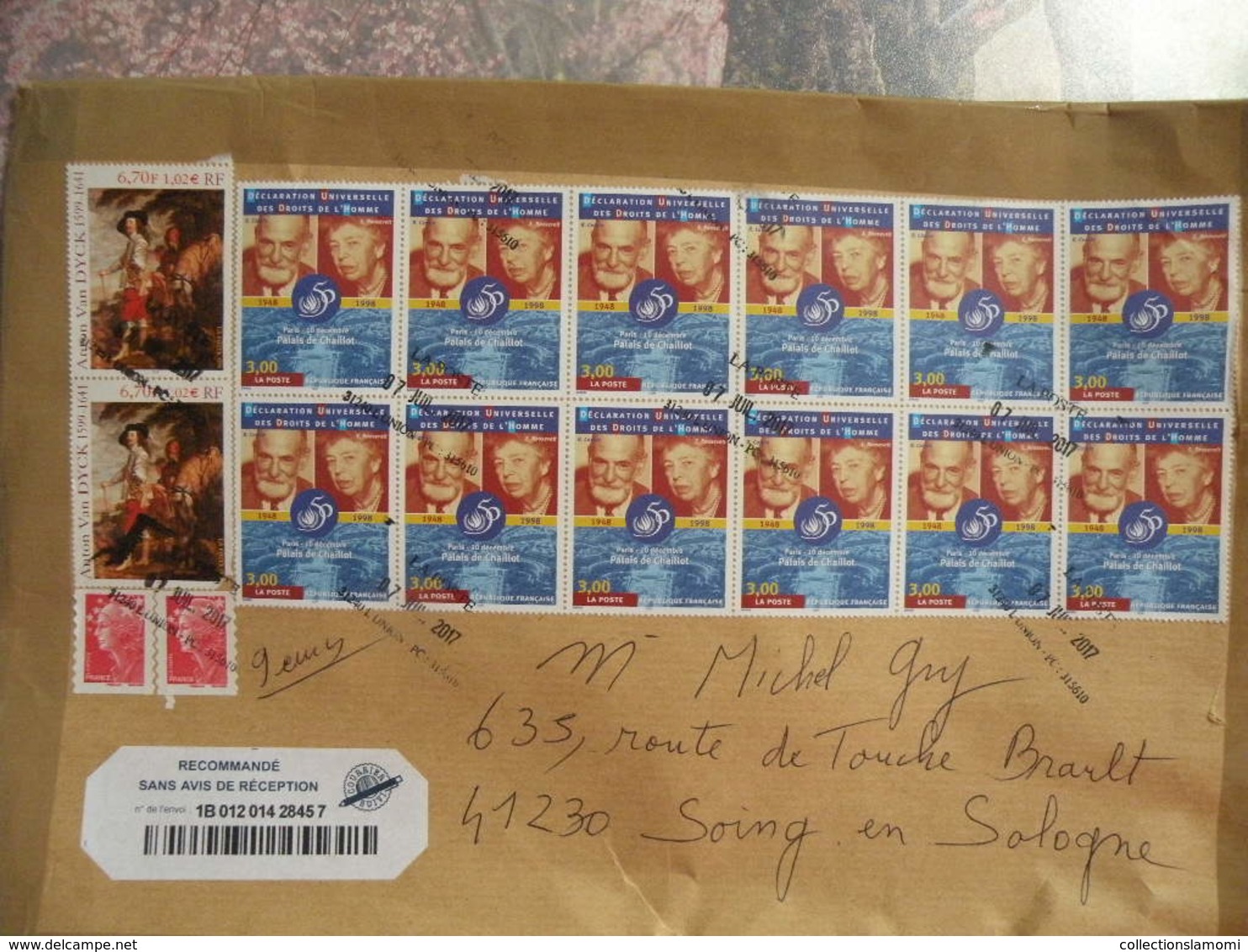 Timbres Sur Lettre > Grande Enveloppe Recommandé Reçu 2017 > Timbres En Franc, Les Droit De L'Homme 1998 - Covers & Documents