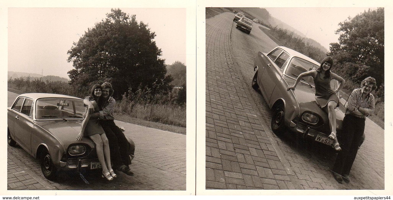 2 Photos Originales Ford Taunus 17M 2 Portes Coupé (P3) 1960–64 - Jeune Couple Amoureux à La Femme Top Modèle 1971 - Automobili
