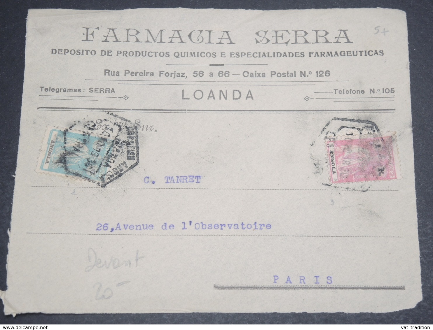 ANGOLA -  Enveloppe ( Devant ) Commerciale De Loanda Pour Paris En 1919 , Affranchissement Bicolore - L 12510 - Angola