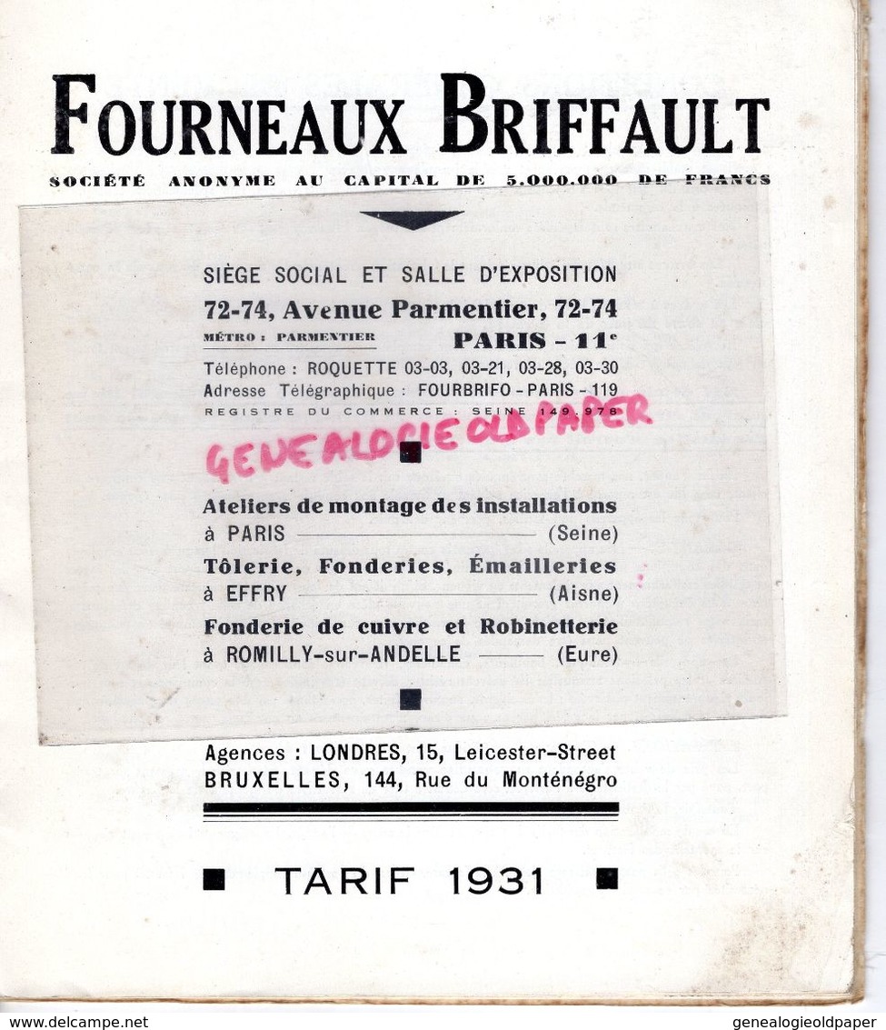 02- EFFRY-75- PARIS- 27-ROMILLY SUR ANDELLE- CATALOGUE FOURNEAUX BRIFFAULT- TOLERIE FONDERIE- TARIF 1931-FOURNEAUX-POELE - Documents Historiques