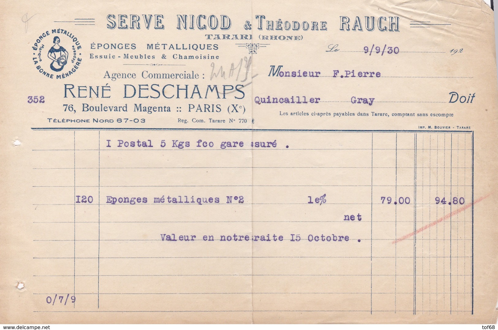 Facture Serve Nicod & Th Rauch éponges Métalliques Tarare 1930 - 1900 – 1949