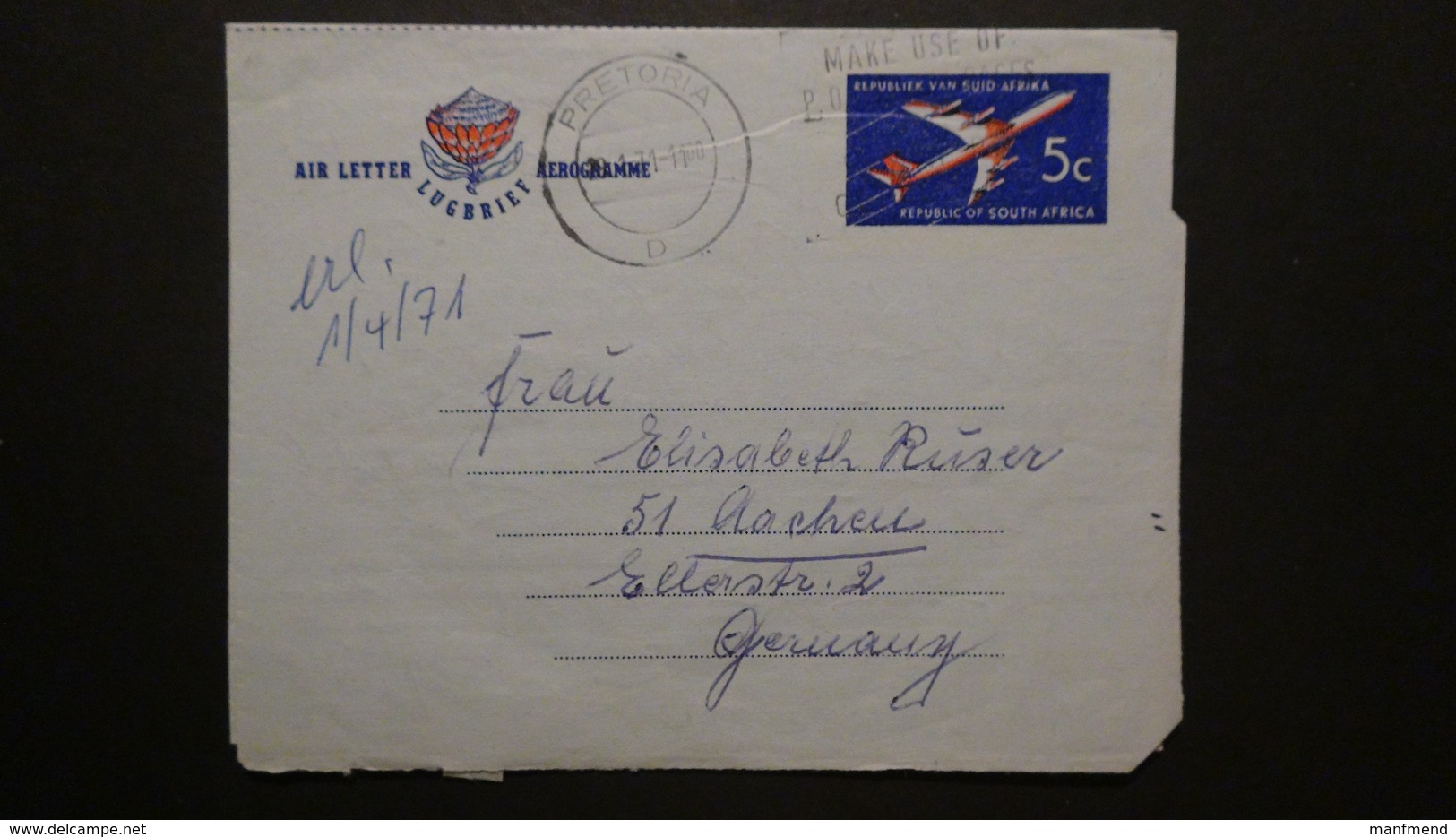 South Africa - 1971-01-29 - 5 Cents - Air Letter - Used - Postal Stationery - Look Scans - Posta Aerea
