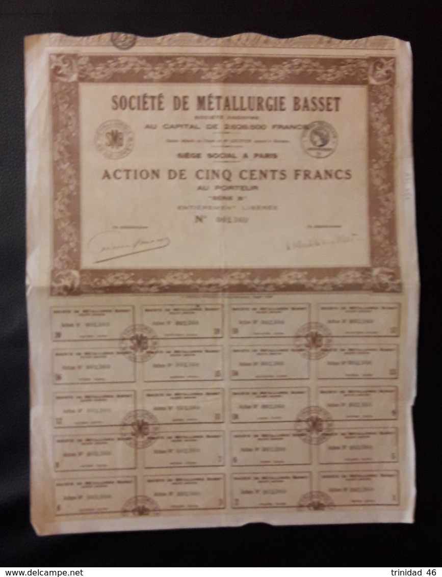 SOCIETE DE METALLURGIE BASSET ACTION TITRE - Autres & Non Classés