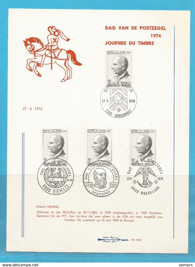 FDS - FDC - "DAG V D POSTZEGEL - JOURNEE DU TIMBRE" - 3 BLZN -  10 AFSTEMPELINGEN 1974 ..........24 - Ohne Zuordnung