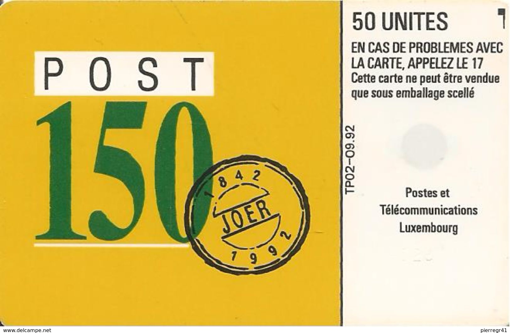 CARTEà-PUCE-LUXEMBOURG-50U-TP2B-SC5-09/92-POST 150 Ans-Le CAMION-V°5 Ge43284-TBE - Luxembourg