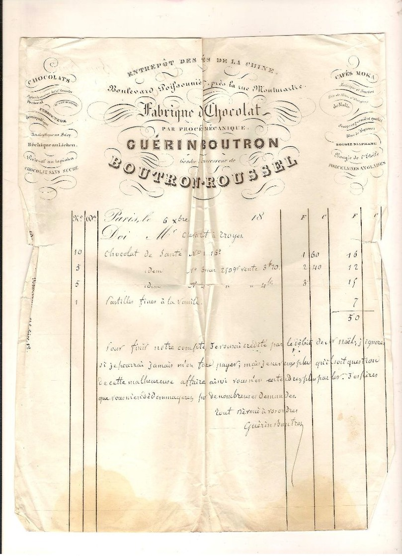 Fabrique De Chocolat GUERIN BOUTRON ROUSSEL Boulevard Poissonniere Café Thébougie Diaphane - 1900 – 1949