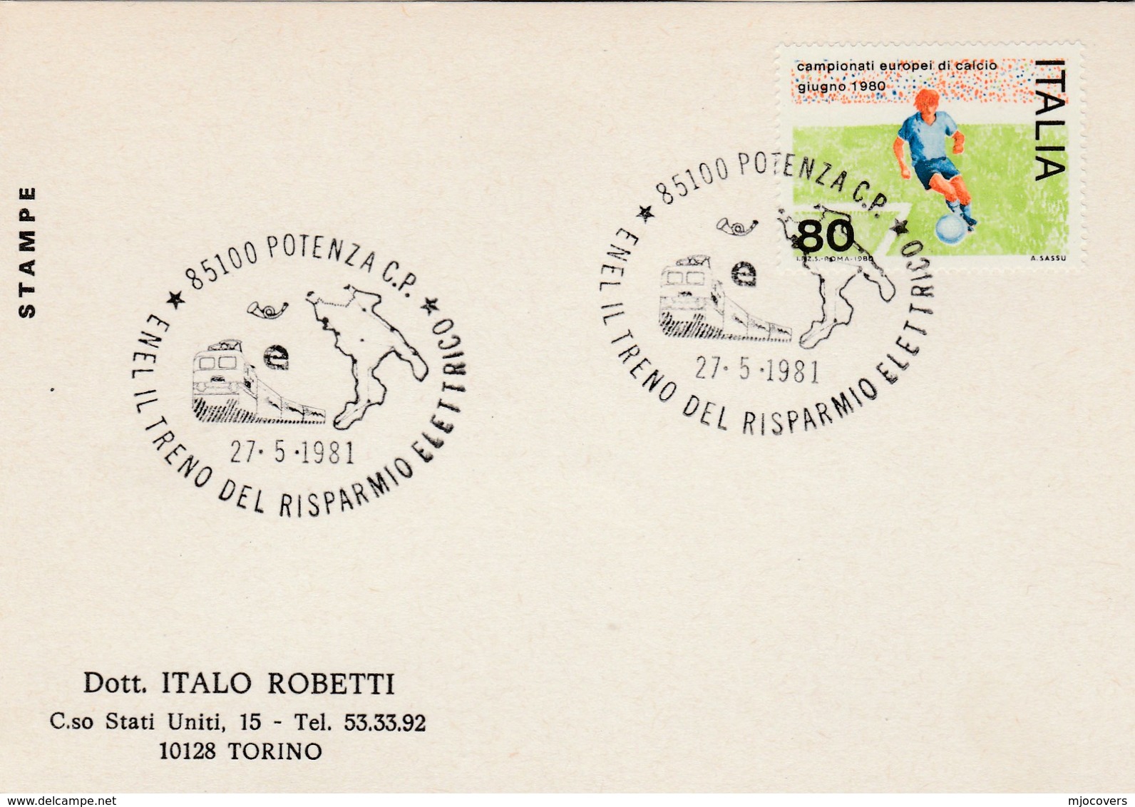 1981 POTENZA RAILWAY ELECTRIFICATION Event COVER Card Stamps Italy Electric  Train Electricity Soccer Football Sport - Trains