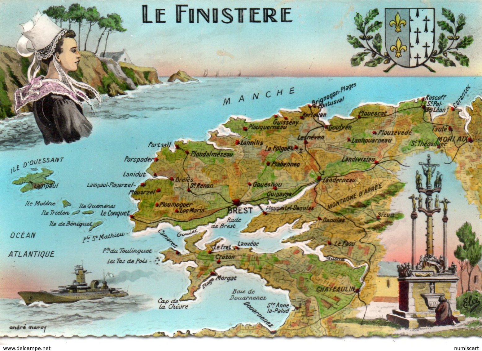 Finistère 29 Contour De Département Géographique Routes Vins Communes Coiffes Costumes Traditions Coutumes Régionalisme - Maps